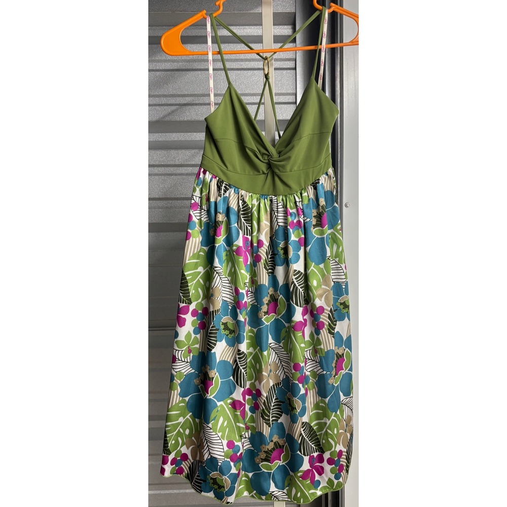 Candies Tropical Floral Empire Waist Mini Dress Green Blue Large